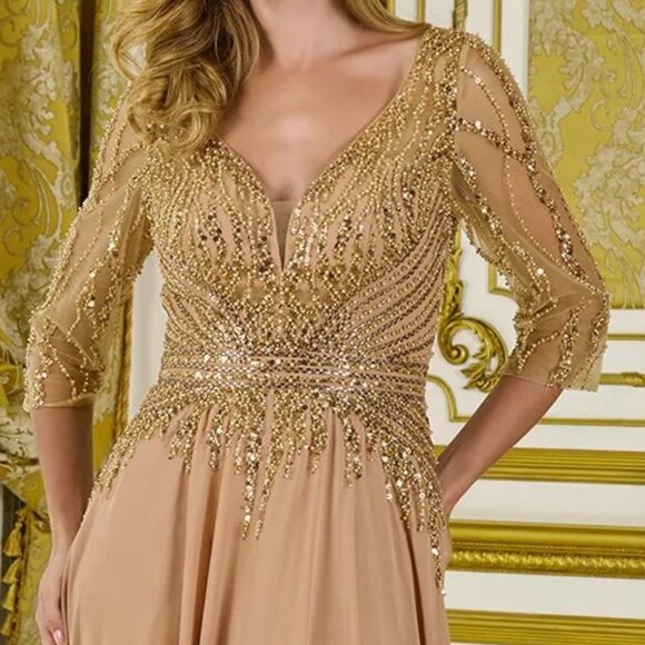 New Gold A-Line Mother Of Bride Chiffon Dress w/ Sheer 3/4 Sleeves GL3796 - Picture 9 of 15